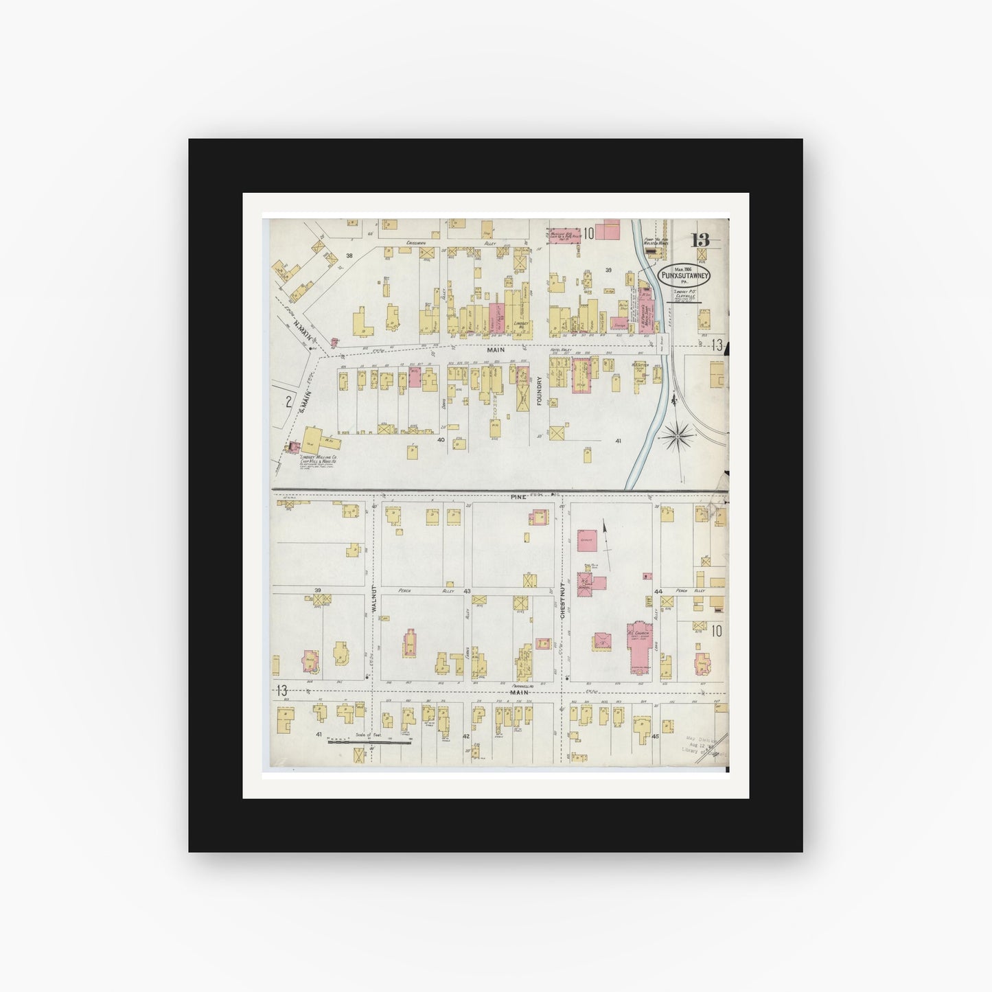 Old map wall art mockup — black gallery frame with white mat — Sanborn Fire Insurance Map from Punxsutawney, Jefferson County, Pennsylvania (1906), Sheet #0013