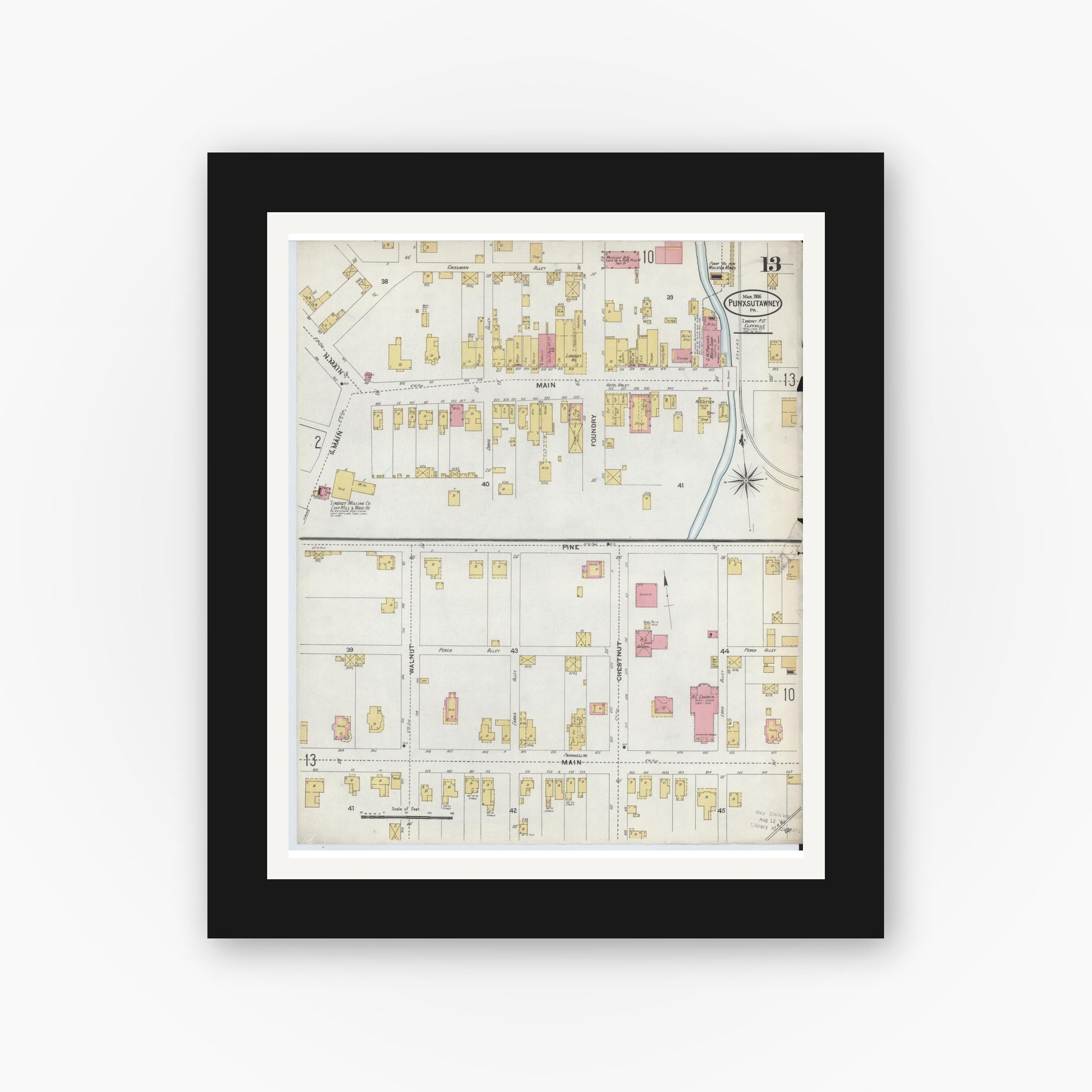 Old map wall art mockup — black gallery frame with white mat — Sanborn Fire Insurance Map from Punxsutawney, Jefferson County, Pennsylvania (1906), Sheet #0013