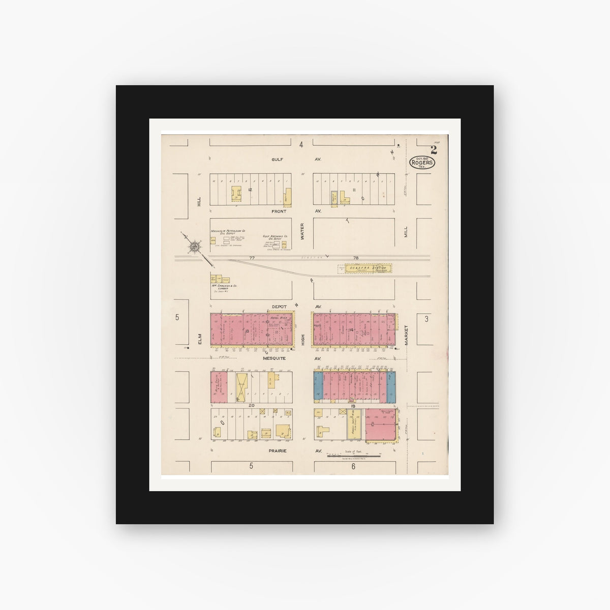 Old map wall art mockup — black gallery frame with white mat — Sanborn Fire Insurance Map from Rogers, Bell County, Texas (1921), Sheet #0002