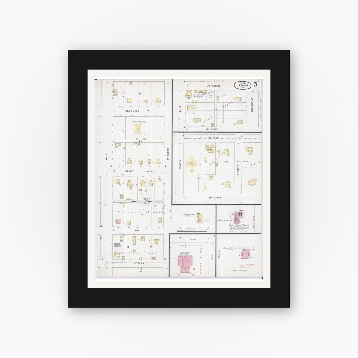 Old map wall art mockup — black gallery frame with white mat — Sanborn Fire Insurance Map from Lamar, Barton County, Missouri (1896), Sheet #0005