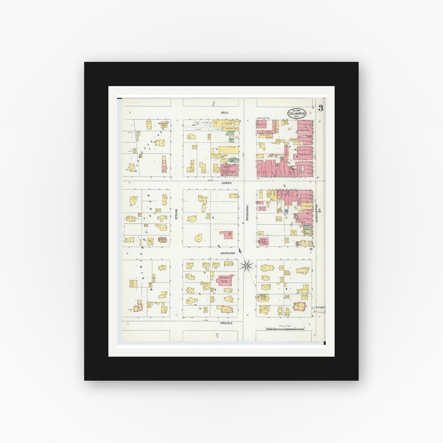 Old map wall art mockup — black gallery frame with white mat — Sanborn Fire Insurance Map from Columbus, Columbia and Dodge County, Wisconsin (1904), Sheet #0003