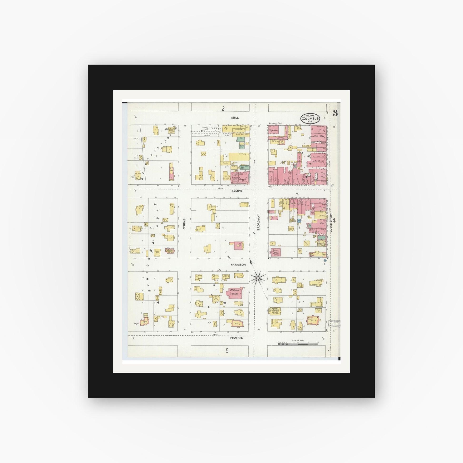 Old map wall art mockup — black gallery frame with white mat — Sanborn Fire Insurance Map from Columbus, Columbia and Dodge County, Wisconsin (1904), Sheet #0003