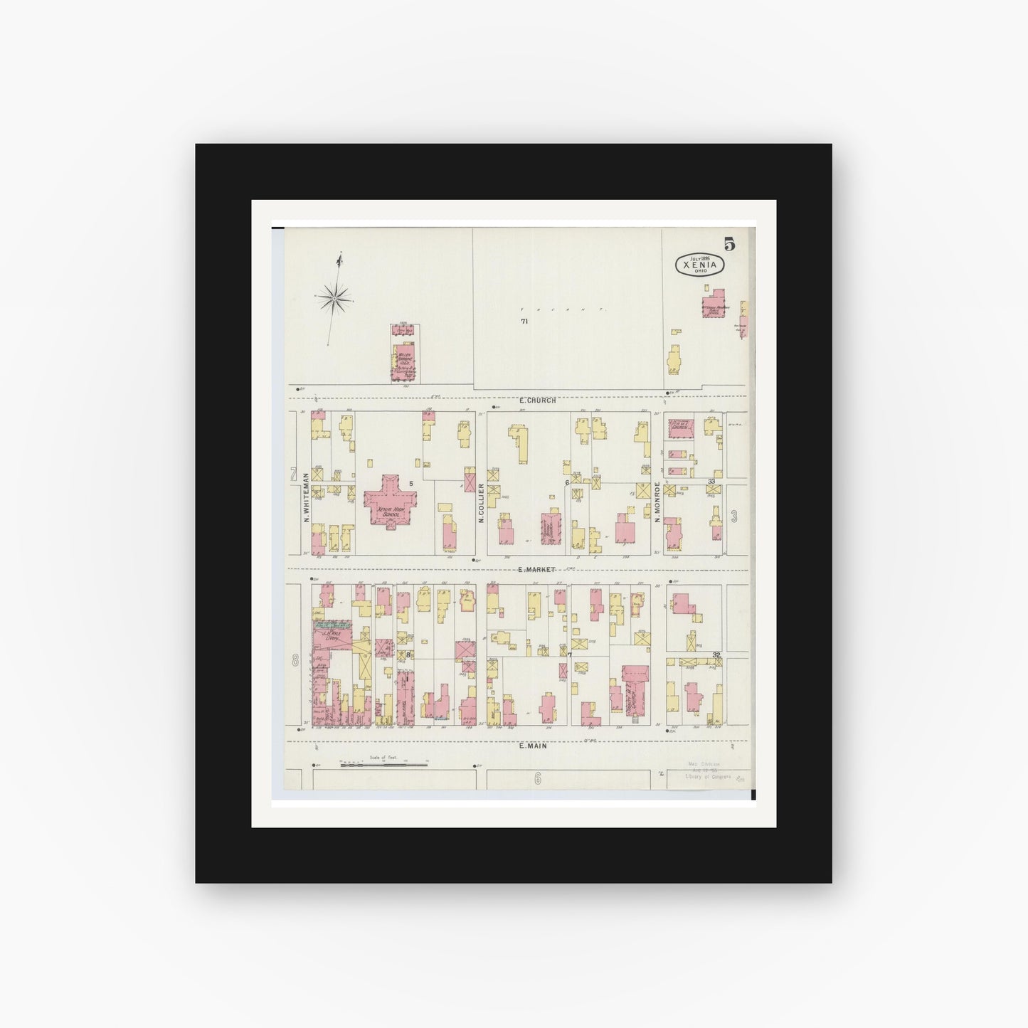 Old map wall art mockup — black gallery frame with white mat — Sanborn Fire Insurance Map from Xenia, Greene County, Ohio (1895), Sheet #0005