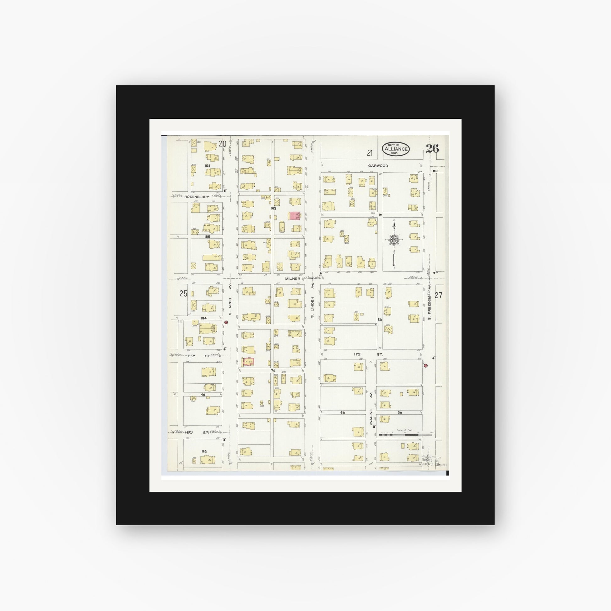 Old map wall art mockup — black gallery frame with white mat — Sanborn Fire Insurance Map from Alliance, Stark County, Ohio (1911), Sheet #0026