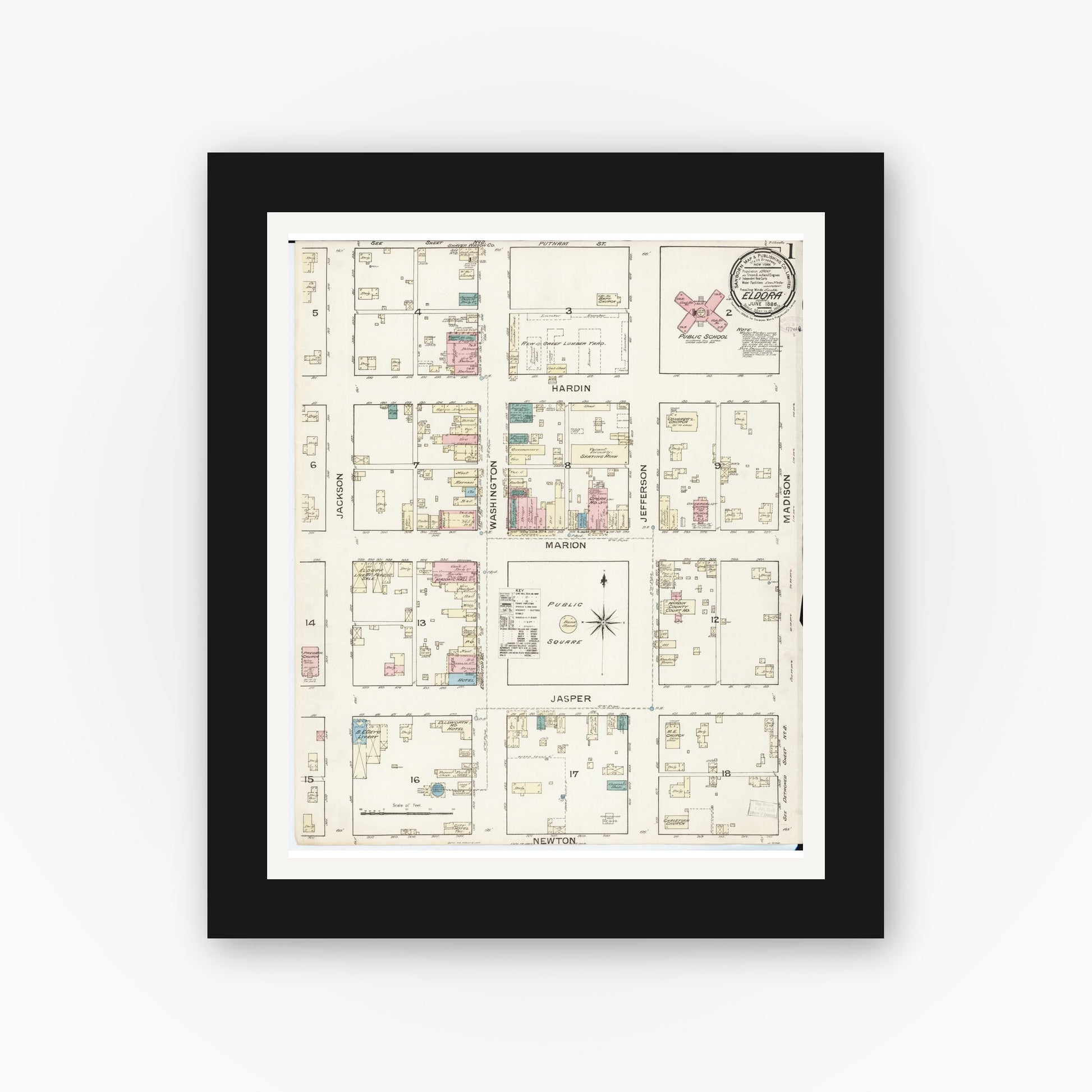 Old map wall art mockup — black gallery frame with white mat — Sanborn Fire Insurance Map from Eldora, Hardin County, Iowa (1886) â€” Complete Set