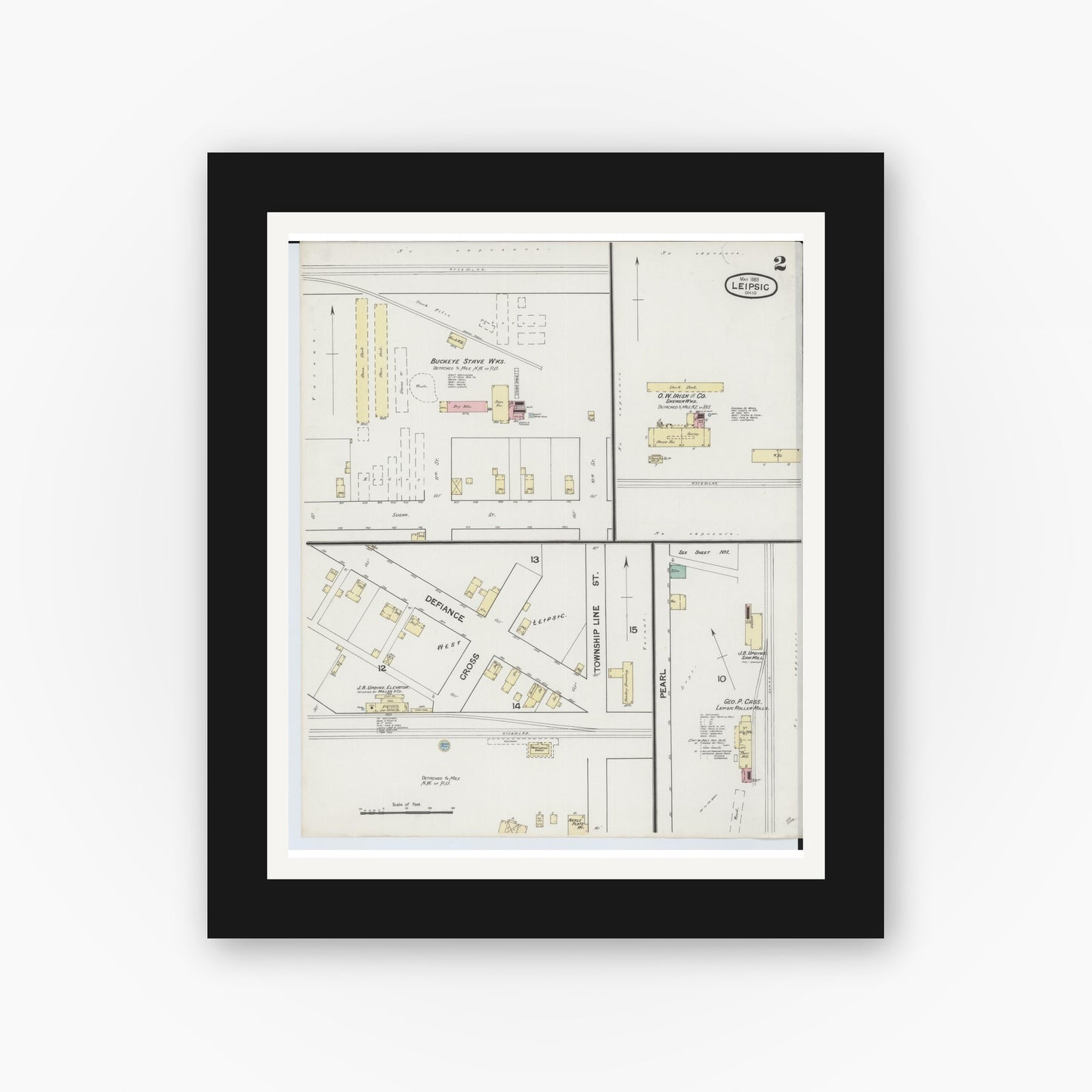 Old map wall art mockup — black gallery frame with white mat — Sanborn Fire Insurance Map from Leipsic, Putnam County, Ohio (1889), Sheet #0002