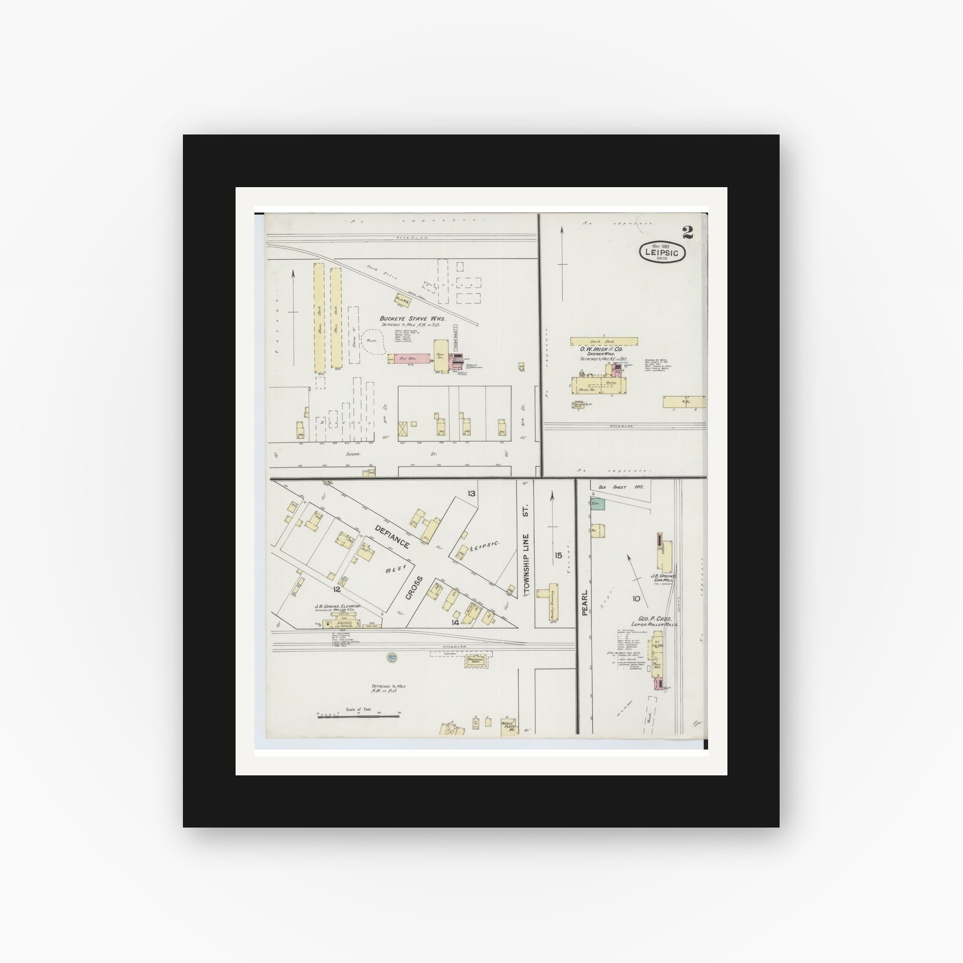 Old map wall art mockup — black gallery frame with white mat — Sanborn Fire Insurance Map from Leipsic, Putnam County, Ohio (1889), Sheet #0002