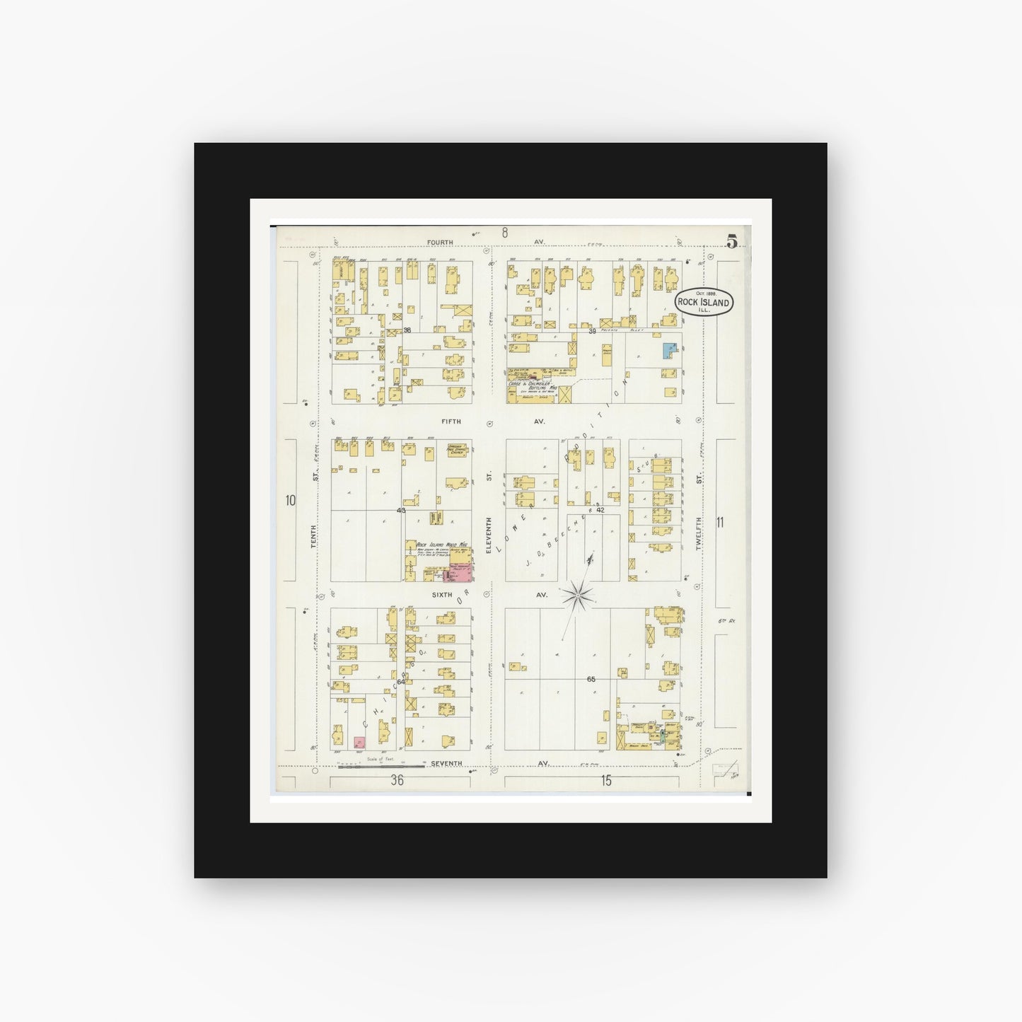 Old map wall art mockup — black gallery frame with white mat — Sanborn Fire Insurance Map from Rock Island, Rock Island County, Illinois (1898), Sheet #0005