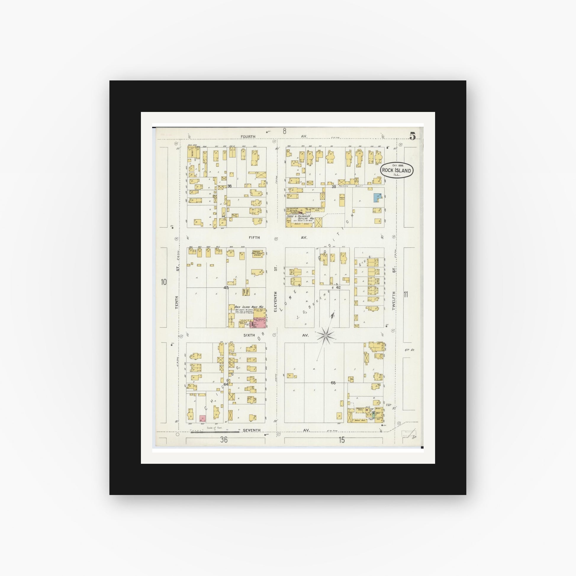 Old map wall art mockup — black gallery frame with white mat — Sanborn Fire Insurance Map from Rock Island, Rock Island County, Illinois (1898), Sheet #0005