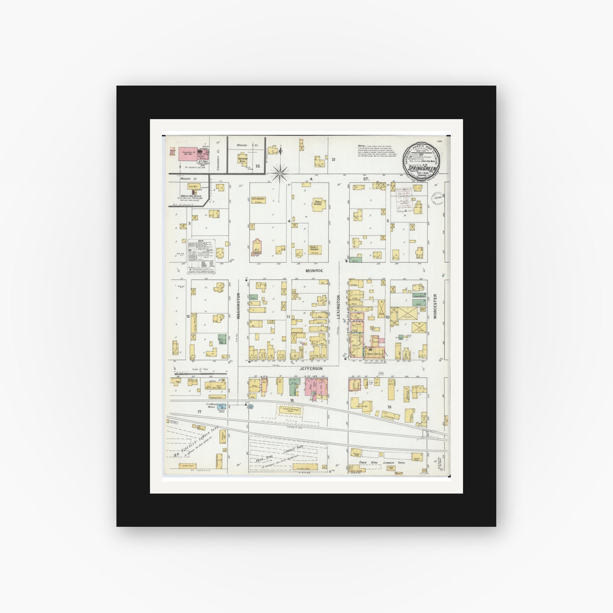 Old map wall art mockup — black gallery frame with white mat — Sanborn Fire Insurance Map from Spring Green, Sauk County, Wisconsin (1899), Sheet #0001