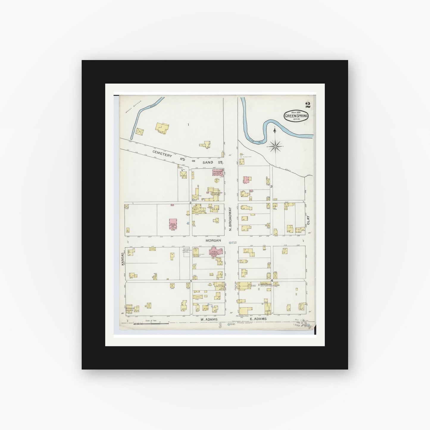 Old map wall art mockup — black gallery frame with white mat — Sanborn Fire Insurance Map from Green Springs, Sandusky And Seneca Counties, Ohio (1893), Sheet #0002