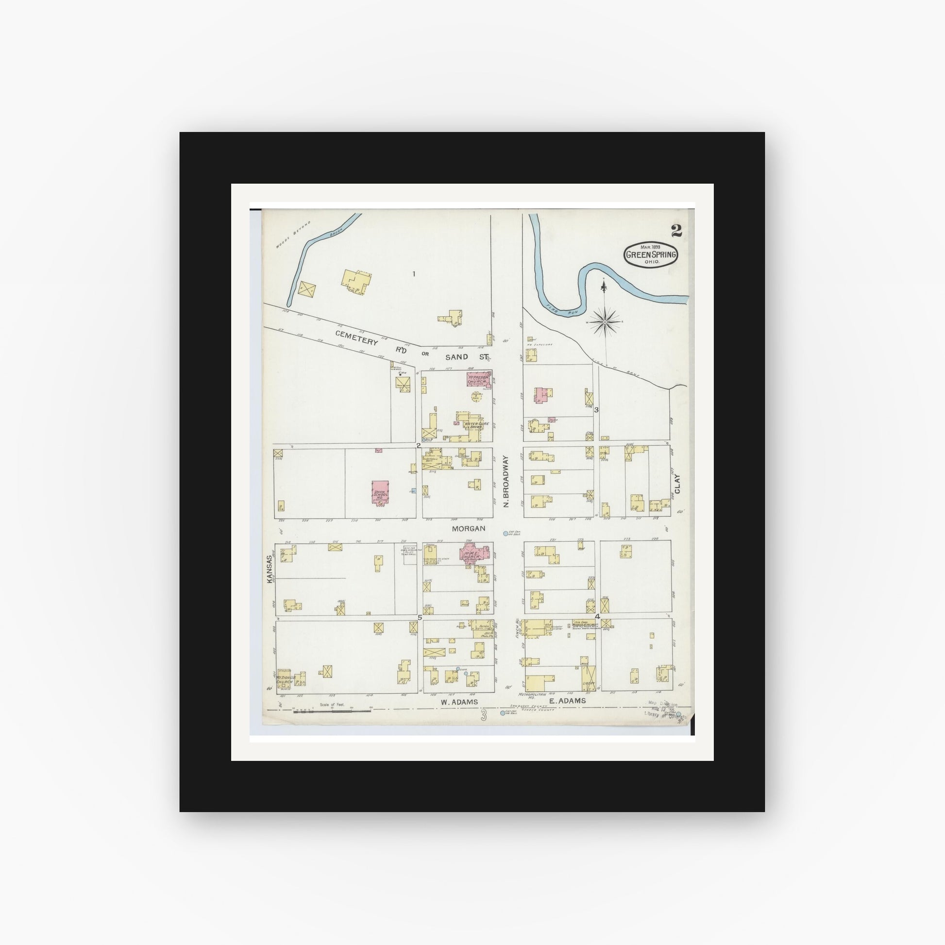 Old map wall art mockup — black gallery frame with white mat — Sanborn Fire Insurance Map from Green Springs, Sandusky And Seneca Counties, Ohio (1893), Sheet #0002