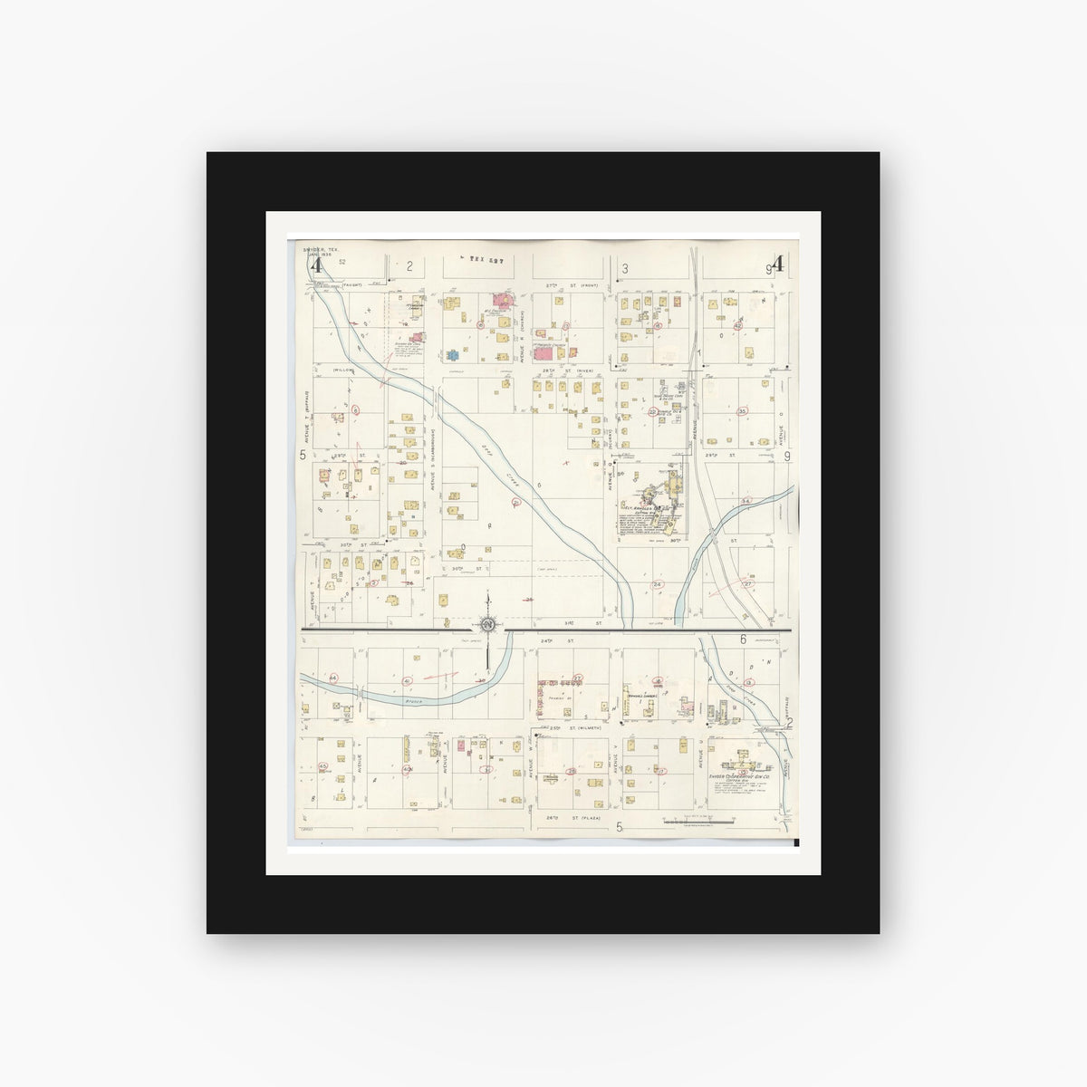 Old map wall art mockup — black gallery frame with white mat — Sanborn Fire Insurance Map from Snyder, Scurry County, Texas (1942), Sheet #0004