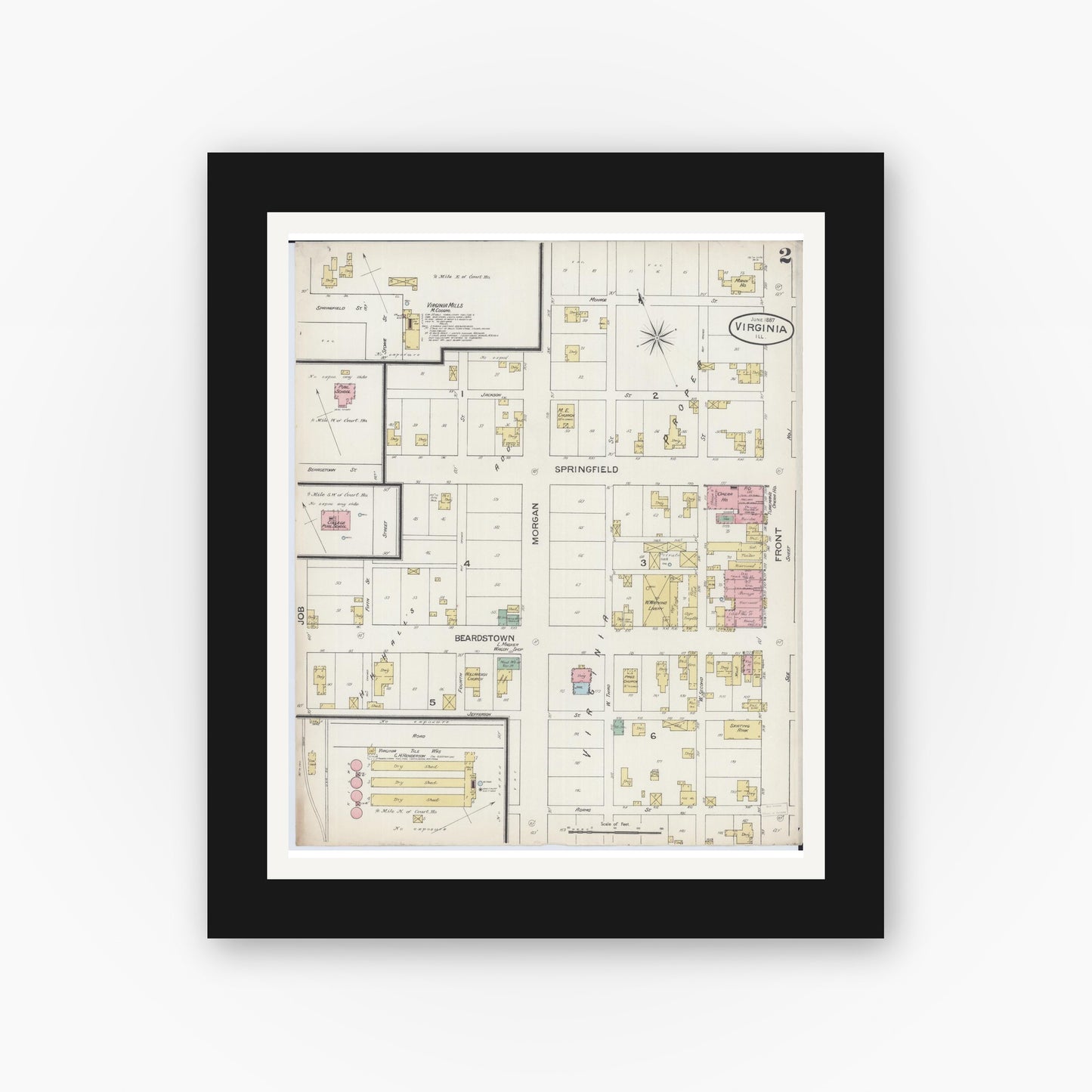 Old map wall art mockup — black gallery frame with white mat — Sanborn Fire Insurance Map from Virginia, Cass County, Illinois (1887), Sheet #0002