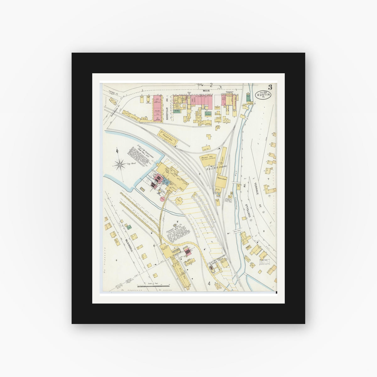 Old map wall art mockup — black gallery frame with white mat — Sanborn Fire Insurance Map from Austin, Potter County, Pennsylvania (1898), Sheet #0003