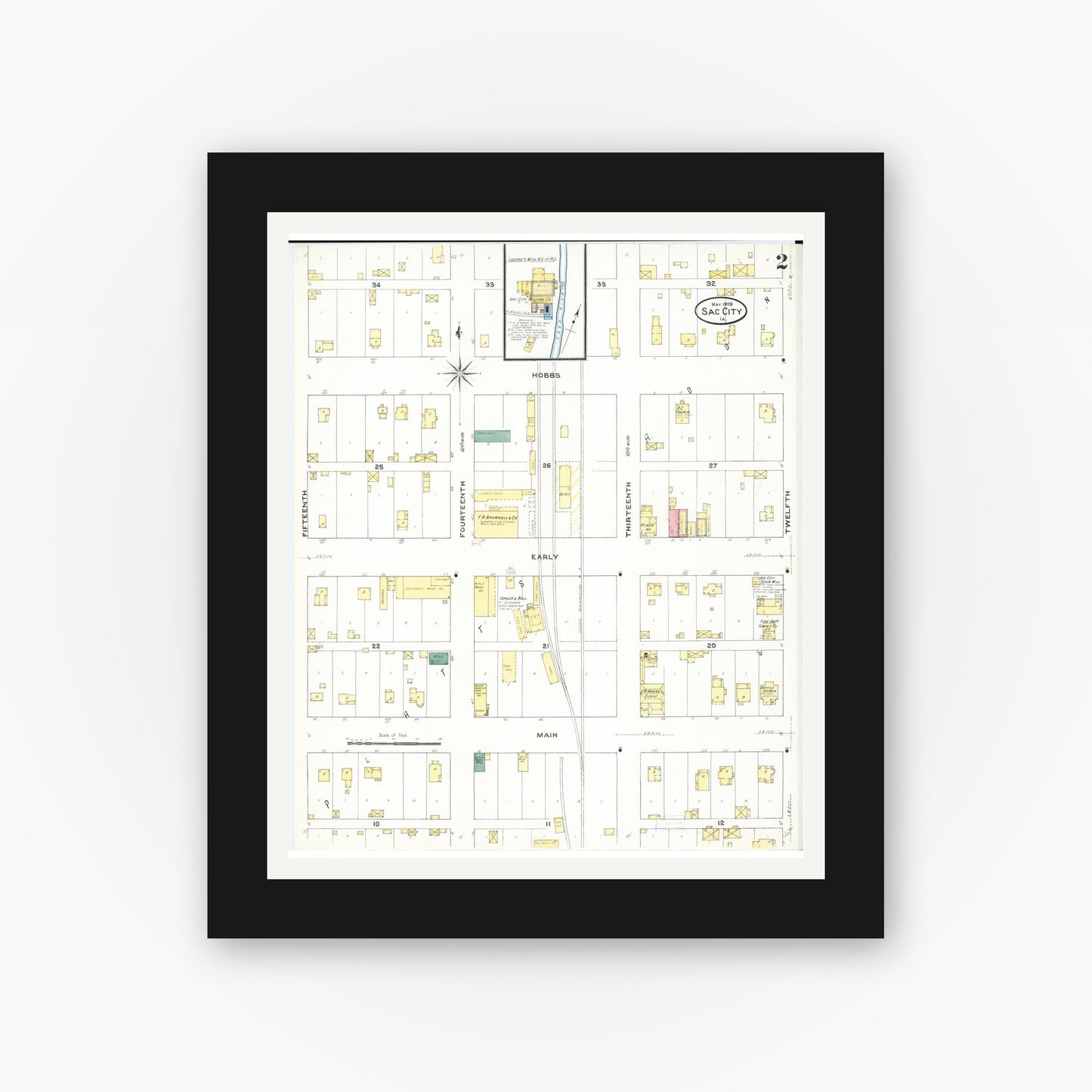 Old map wall art mockup — black gallery frame with white mat — Sanborn Fire Insurance Map from Sac City, Sac County, Iowa (1909), Sheet #0002