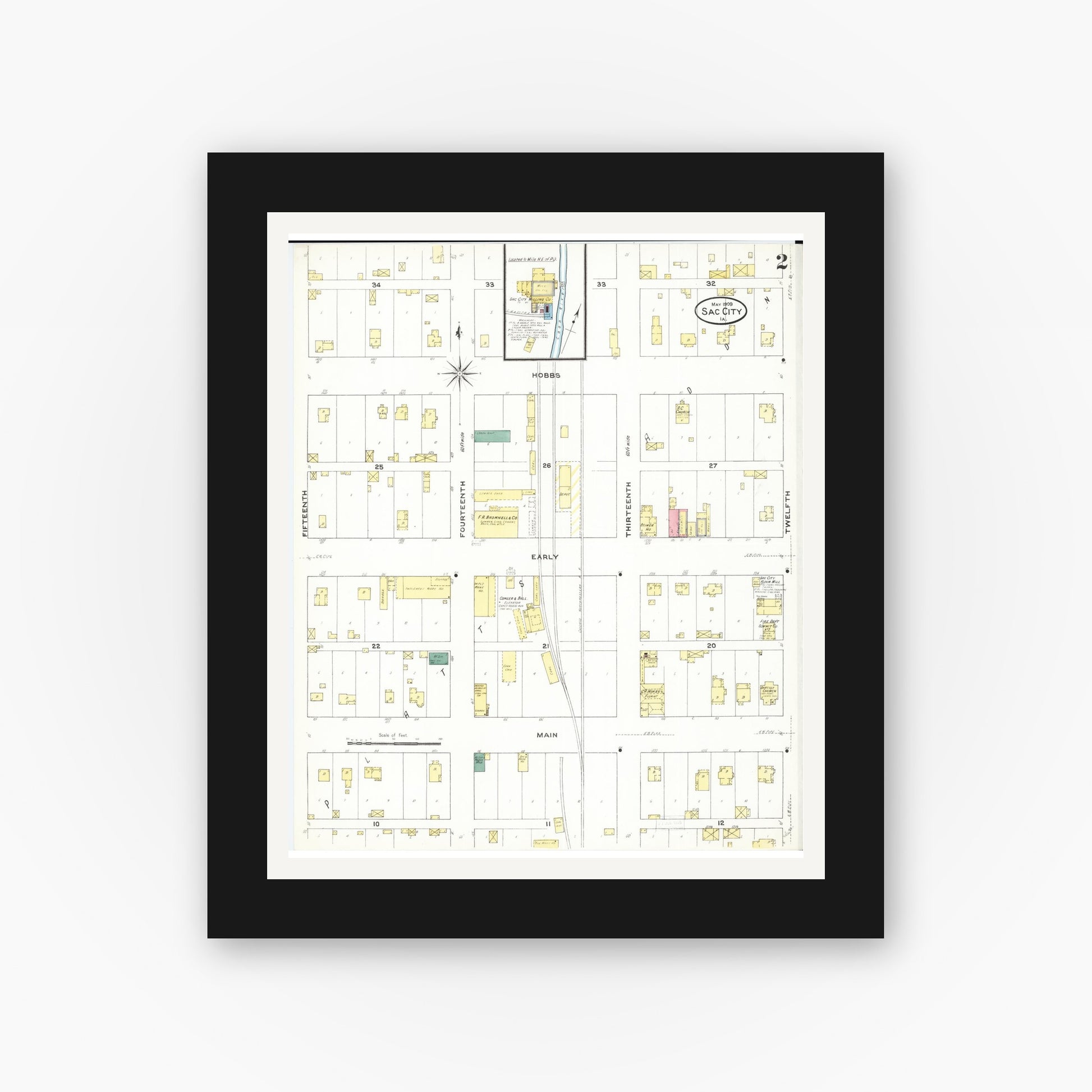 Old map wall art mockup — black gallery frame with white mat — Sanborn Fire Insurance Map from Sac City, Sac County, Iowa (1909), Sheet #0002
