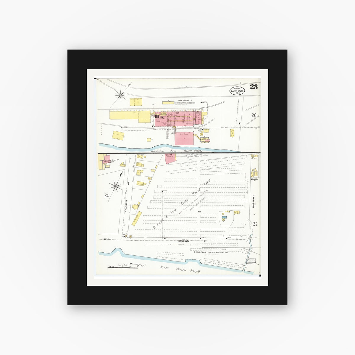 Old map wall art mockup — black gallery frame with white mat — Sanborn Fire Insurance Map from Clinton, Clinton County, Iowa (1902), Sheet #0023