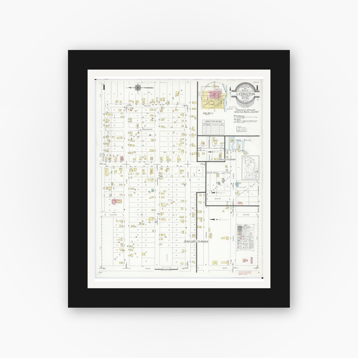 Old map wall art mockup — black gallery frame with white mat — Sanborn Fire Insurance Map from Lexington, Sanilac County, Michigan (1940) - Complete Map Set
