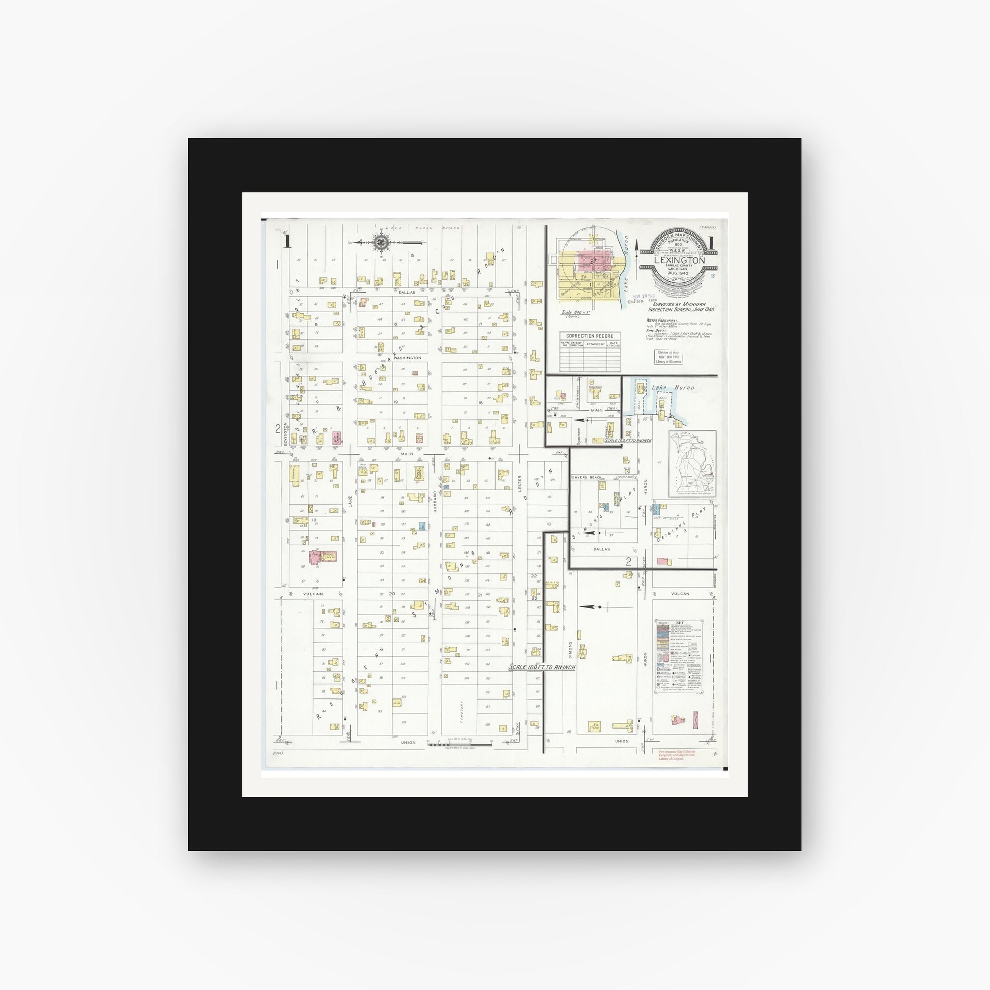 Old map wall art mockup — black gallery frame with white mat — Sanborn Fire Insurance Map from Lexington, Sanilac County, Michigan (1940) - Complete Map Set