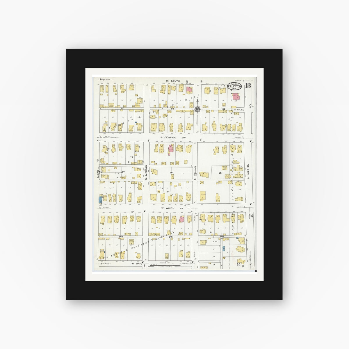 Old map wall art mockup — black gallery frame with white mat — Sanborn Fire Insurance Map from Bluffton, Wells County, Indiana (1919), Sheet #0013