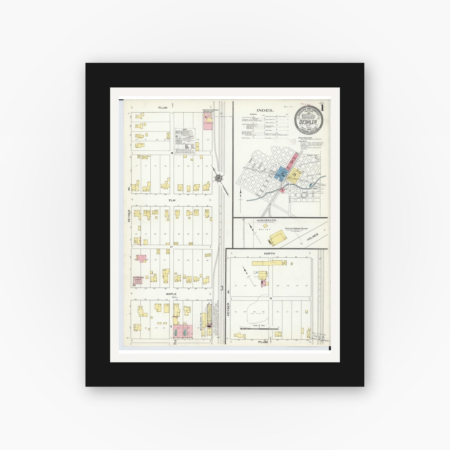 Old map wall art mockup — black gallery frame with white mat — Sanborn Fire Insurance Map from Deshler, Henry County, Ohio (1909), Sheet #0001