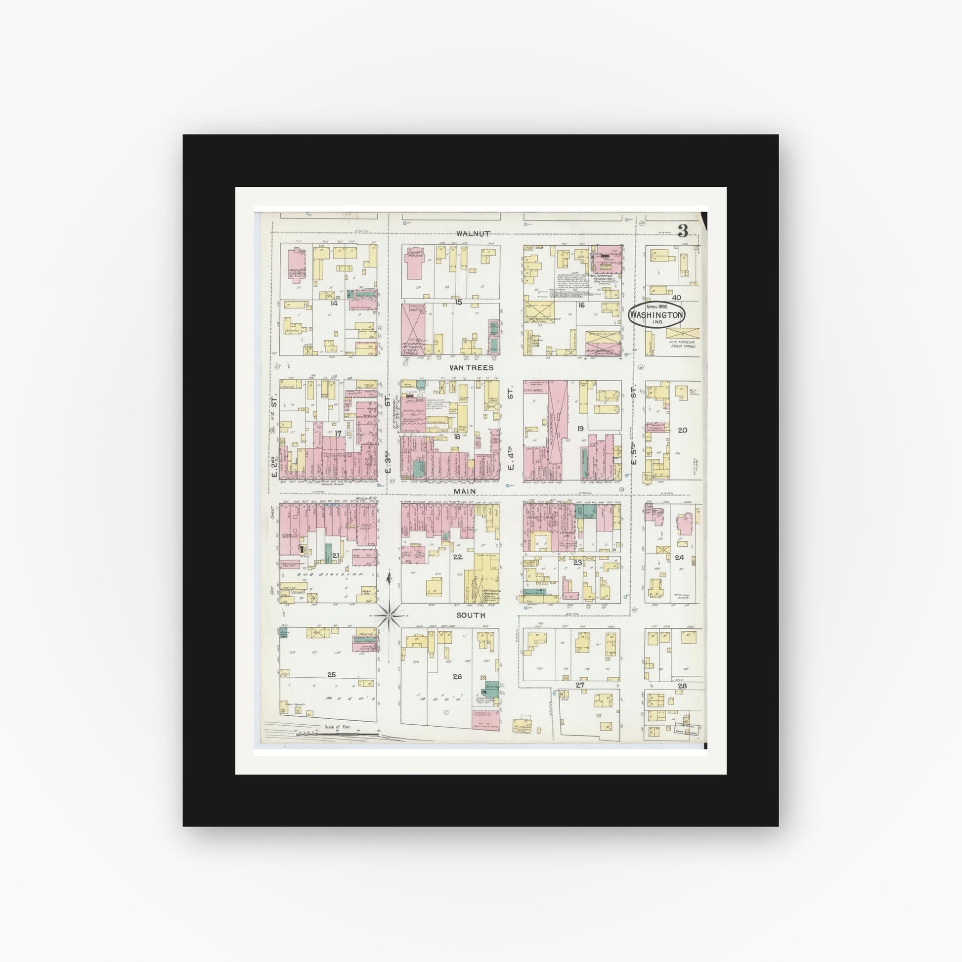 Old map wall art mockup — black gallery frame with white mat — Sanborn Fire Insurance Map from Washington, Daviess County, Indiana (1892), Sheet #0003
