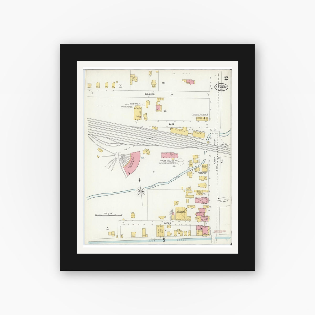 Old map wall art mockup — black gallery frame with white mat — Sanborn Fire Insurance Map from Newark, Wayne County, New York (1906), Sheet #0002