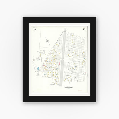 Old map wall art mockup — black gallery frame with white mat — Sanborn Fire Insurance Map from Manville, Somerset County, New Jersey (1945), Sheet #0010