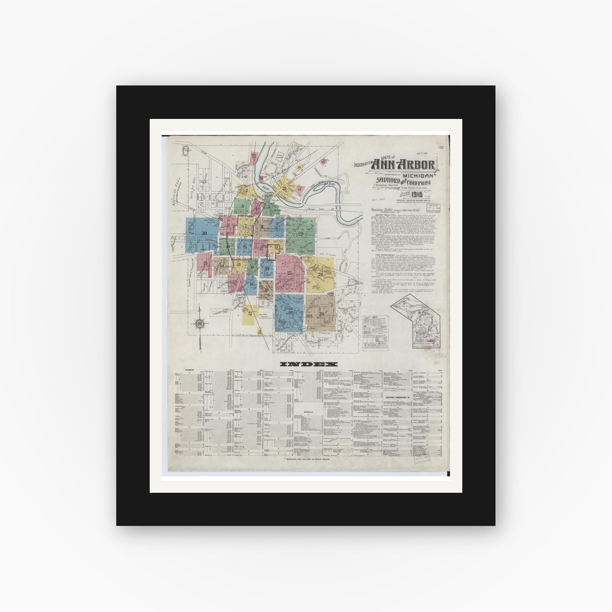 Old map wall art mockup — black gallery frame with white mat — Sanborn Fire Insurance Map from Ann Arbor, Washtenaw County, Michigan (1916), Sheet #0001