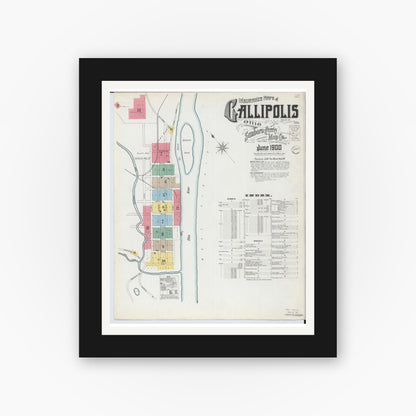 Old map wall art mockup — black gallery frame with white mat — Sanborn Fire Insurance Map from Gallipolis, Gallia County, Ohio (1900), Sheet #0001