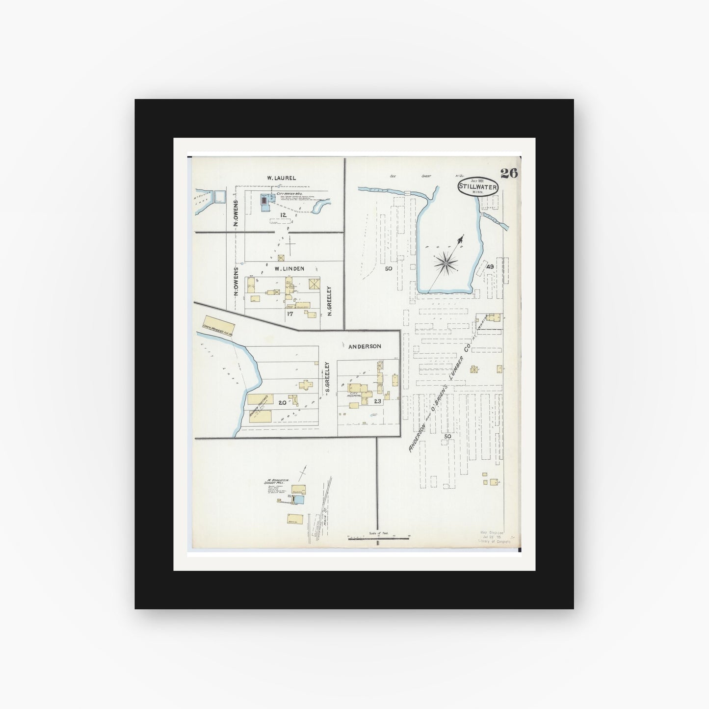 Old map wall art mockup — black gallery frame with white mat — Sanborn Fire Insurance Map from Stillwater, Washington County, Minnesota (1891), Sheet #0026