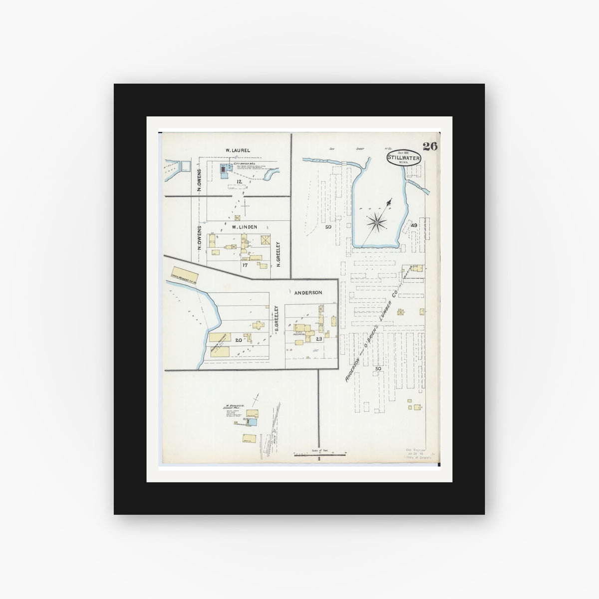Old map wall art mockup — black gallery frame with white mat — Sanborn Fire Insurance Map from Stillwater, Washington County, Minnesota (1891), Sheet #0026