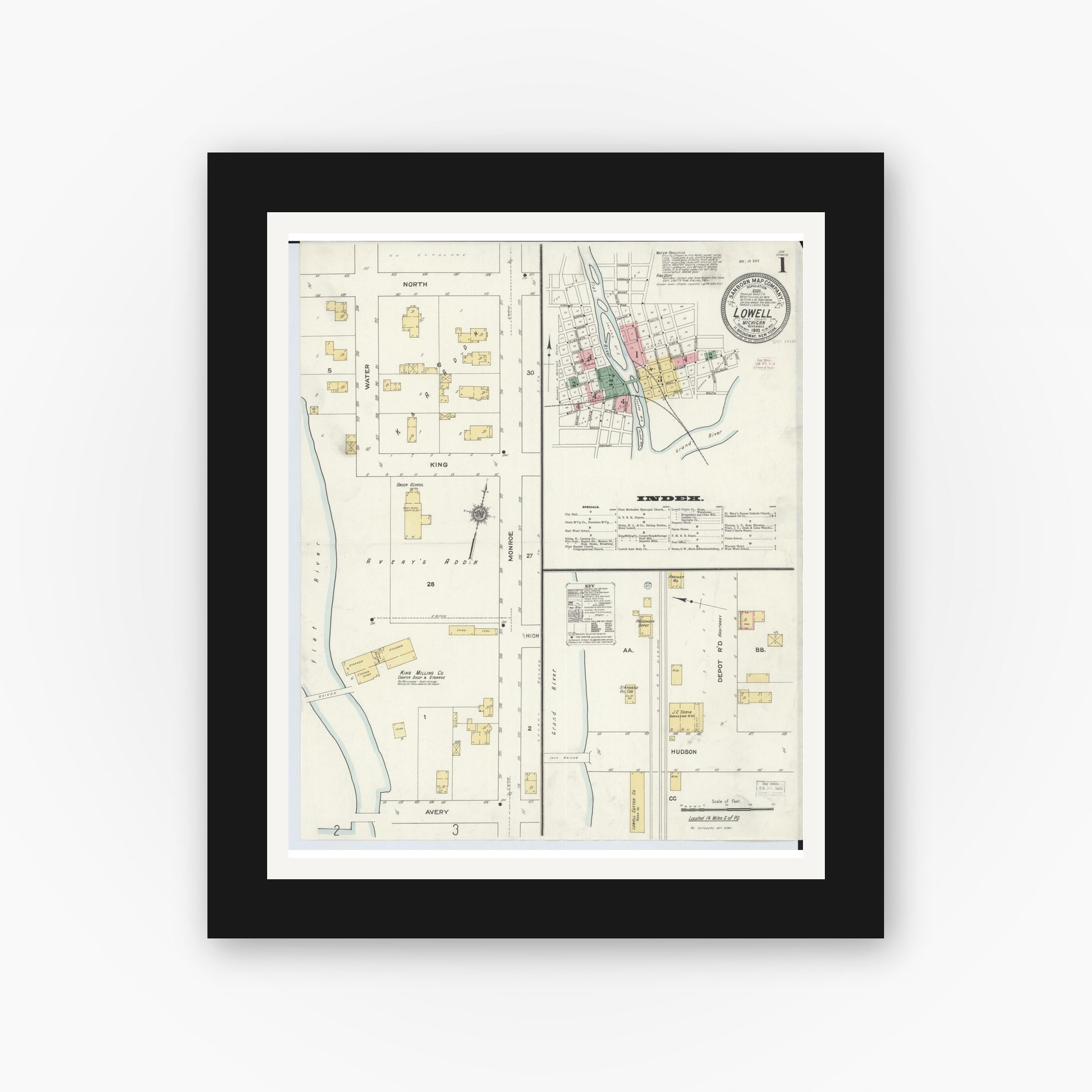 Old map wall art mockup — black gallery frame with white mat — Sanborn Fire Insurance Map from Lowell, Kent County, Michigan (1910) - Complete Map Set