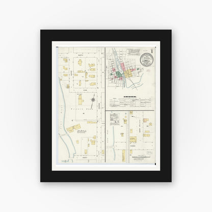 Old map wall art mockup — black gallery frame with white mat — Sanborn Fire Insurance Map from Lowell, Kent County, Michigan (1910) - Complete Map Set