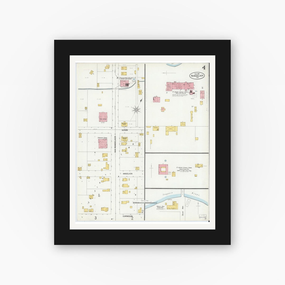 Old map wall art mockup — black gallery frame with white mat — Sanborn Fire Insurance Map from Rensselaer, Jasper County, Indiana (1899), Sheet #0004