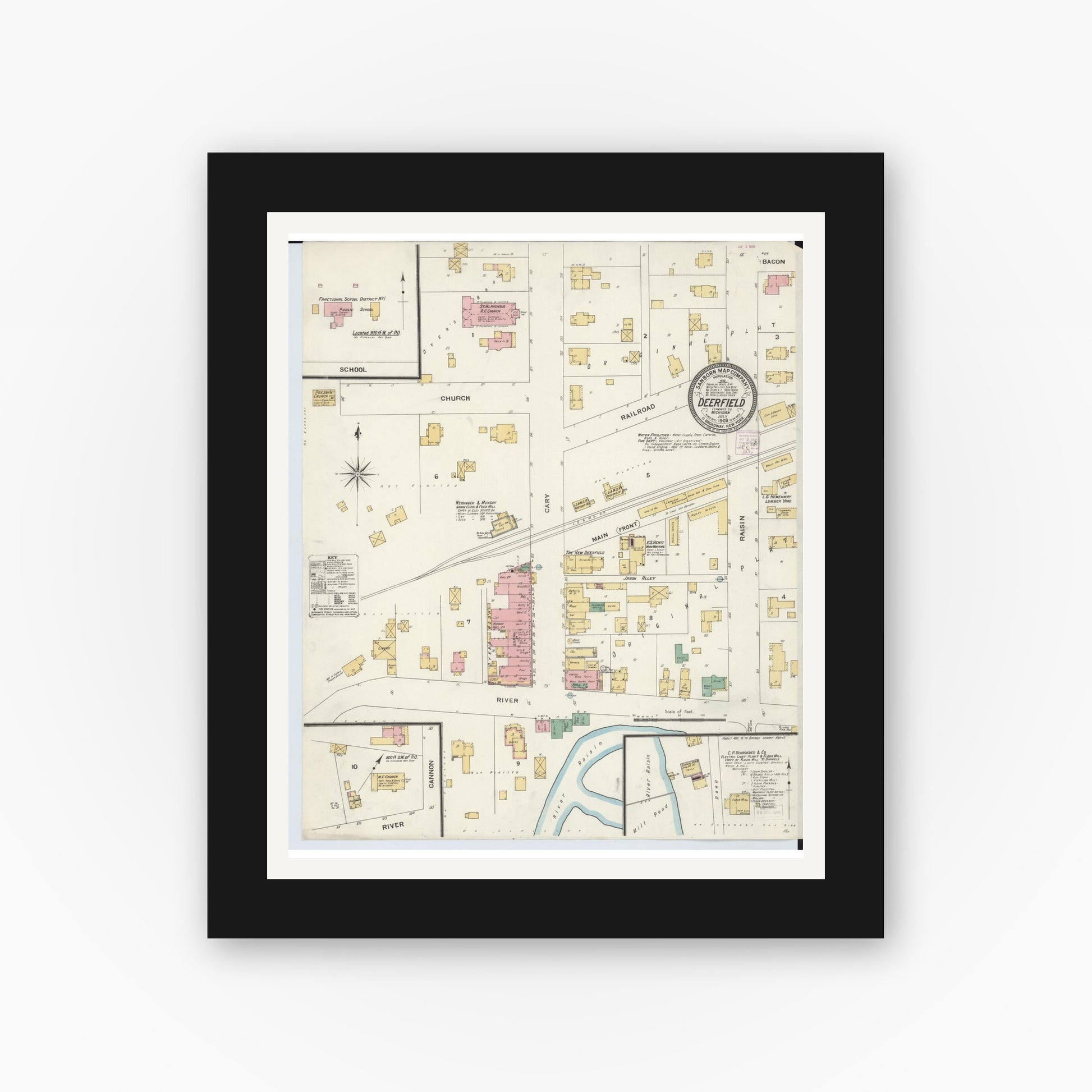 Old map wall art mockup — black gallery frame with white mat — Sanborn Fire Insurance Map from Deerfield, Lenawee County, Michigan (1908), Sheet #0001