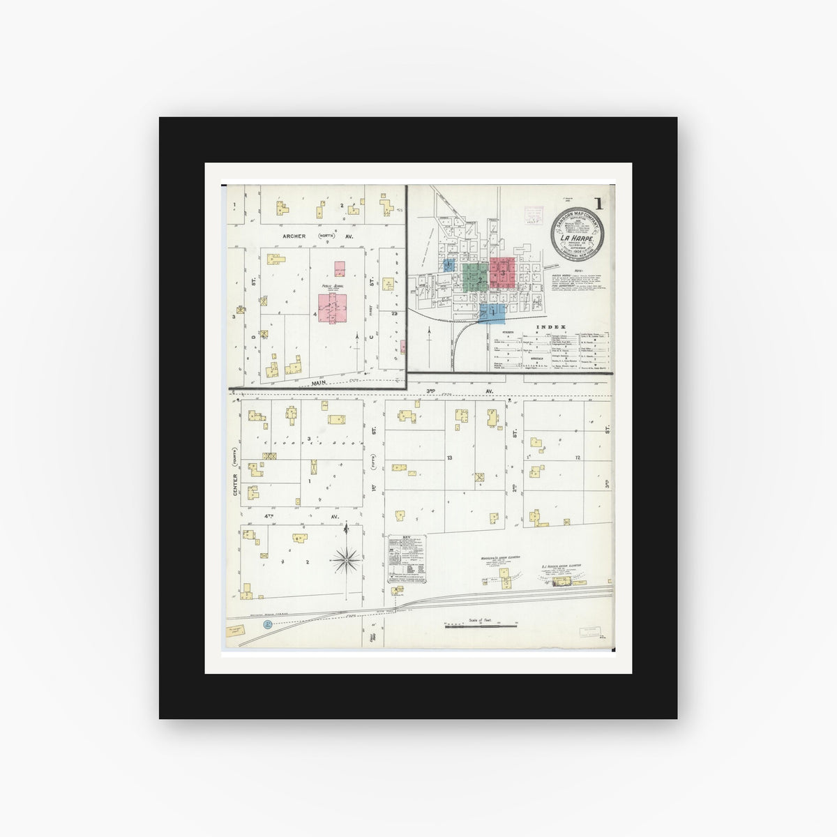 Old map wall art mockup — black gallery frame with white mat — Sanborn Fire Insurance Map from La Harpe, Hancock County, Illinois (1906) - Complete Map Set