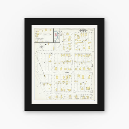Old map wall art mockup — black gallery frame with white mat — Sanborn Fire Insurance Map from Oakland City, Gibson County, Indiana (1907), Sheet #0007