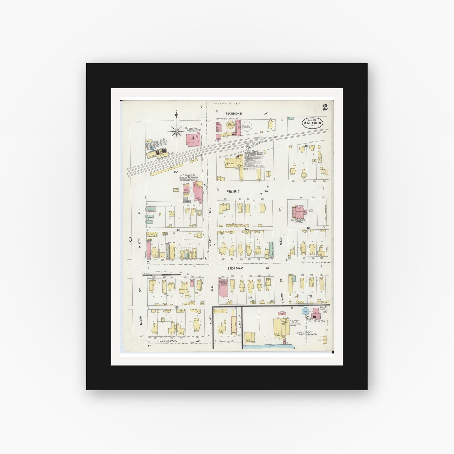 Old map wall art mockup — black gallery frame with white mat — Sanborn Fire Insurance Map from Mattoon, Coles County, Illinois (1897), Sheet #0002