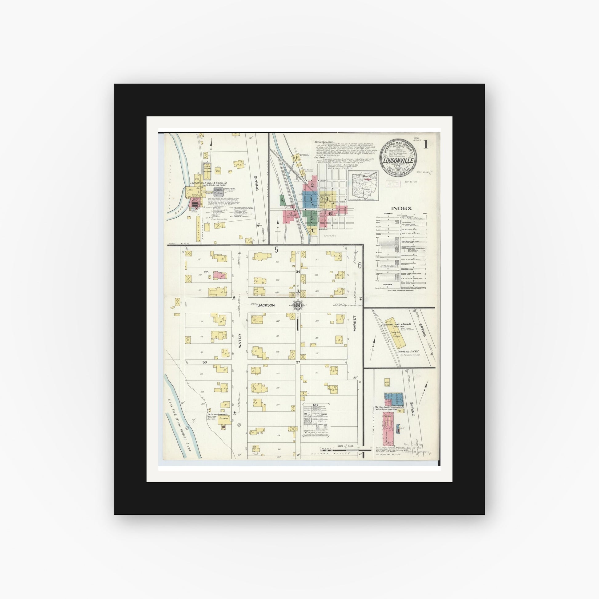 Old map wall art mockup — black gallery frame with white mat — Sanborn Fire Insurance Map from Loudonville, Ashland County, Ohio (1913), Sheet #0001