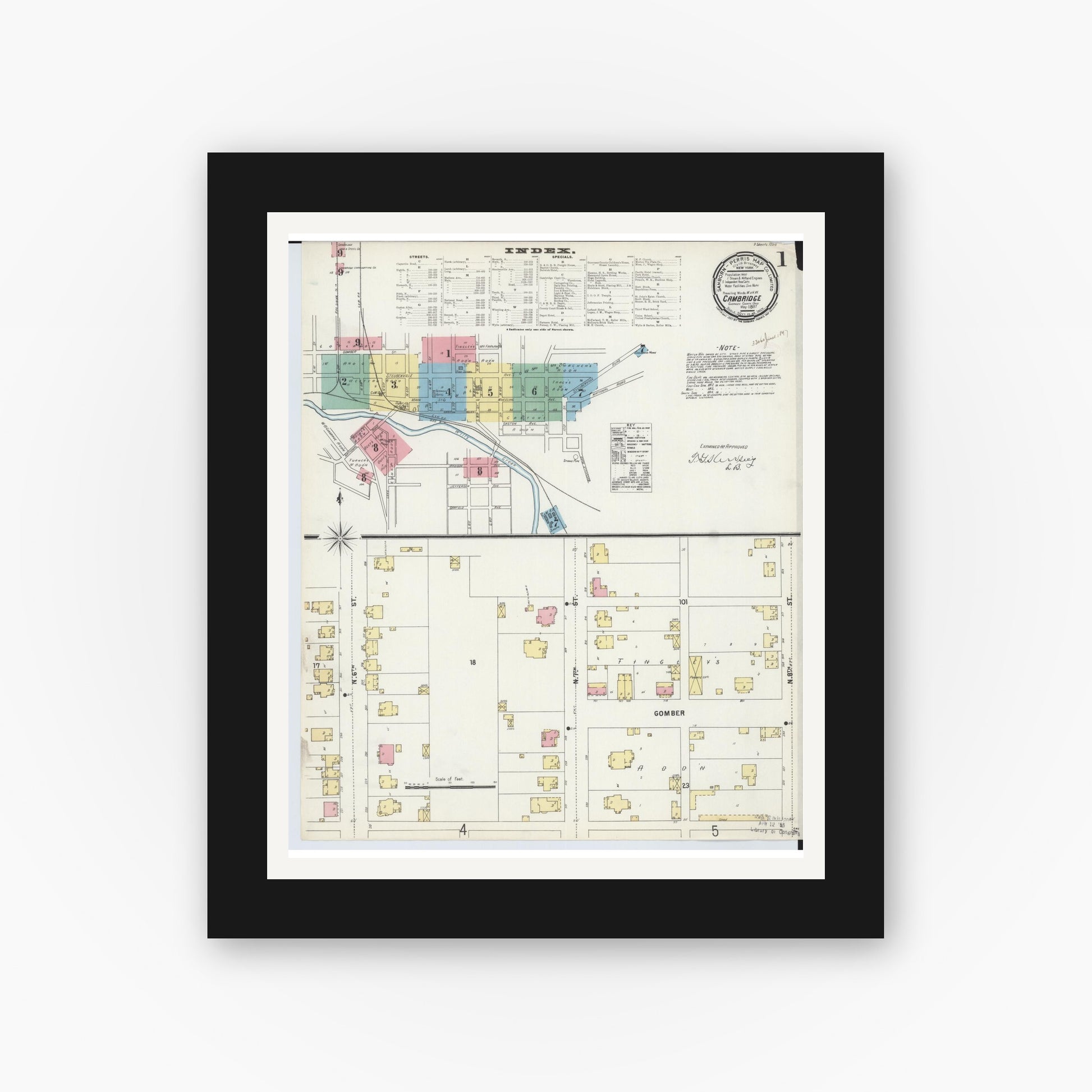 Old map wall art mockup — black gallery frame with white mat — Sanborn Fire Insurance Map from Cambridge, Guernsey County, Ohio (1897) - Complete Map Set