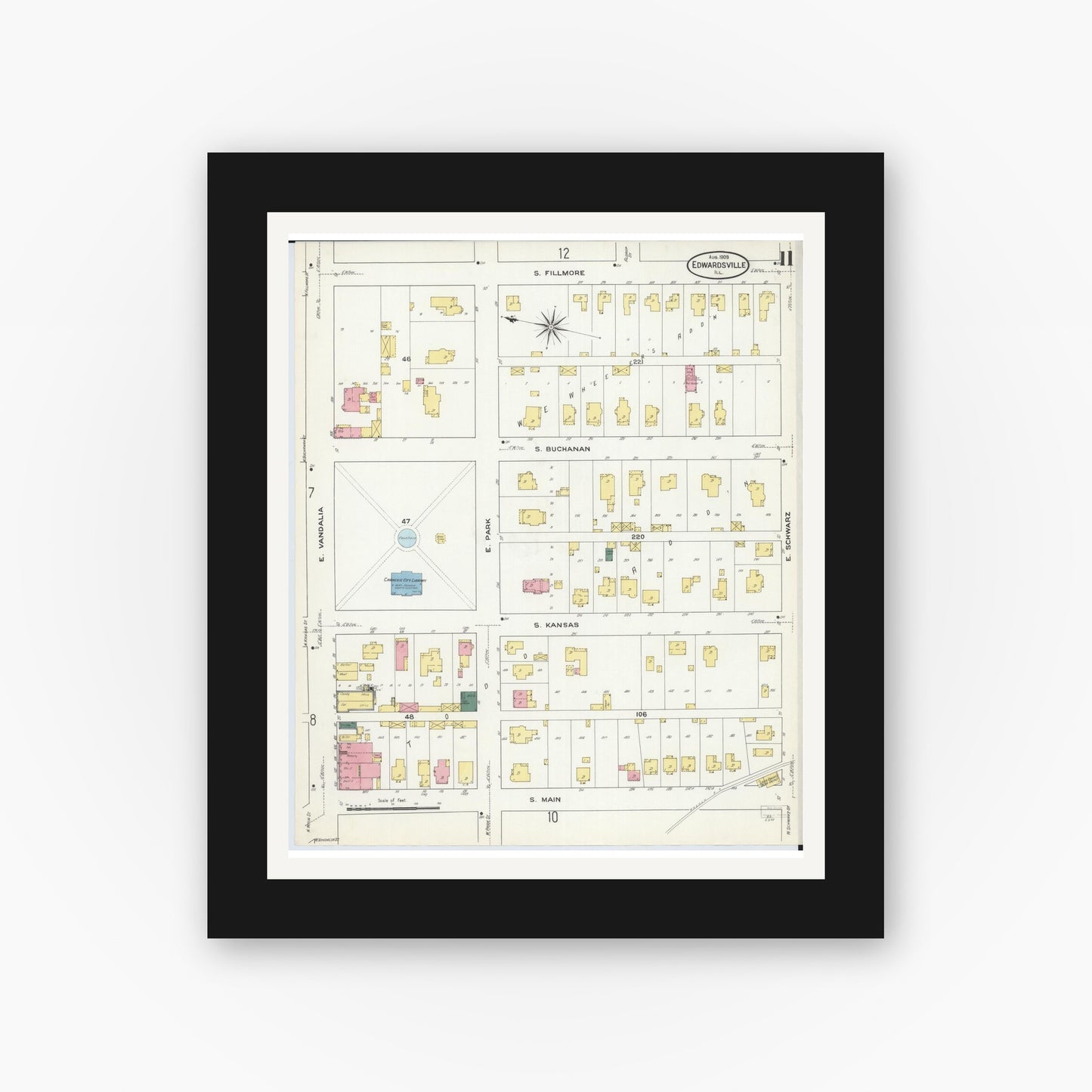 Old map wall art mockup — black gallery frame with white mat — Sanborn Fire Insurance Map from Edwardsville, Madison County, Illinois (1909), Sheet #0011