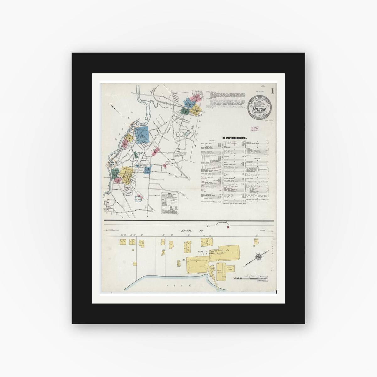 Old map wall art mockup — black gallery frame with white mat — Sanborn Fire Insurance Map from Milton, Norfolk County, Massachusetts (1911) - Complete Map Set