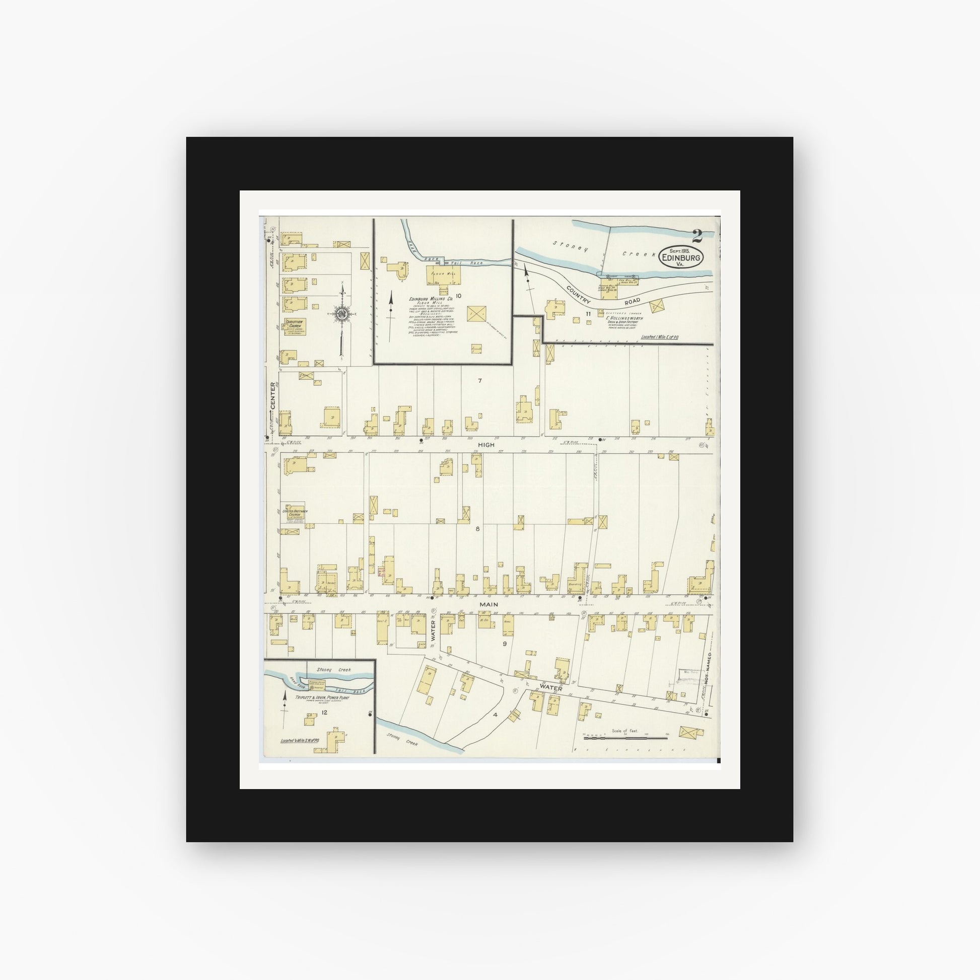 Old map wall art mockup — black gallery frame with white mat — Sanborn Fire Insurance Map from Edinburg, Shenandoah County, Virginia (1915), Sheet #0002