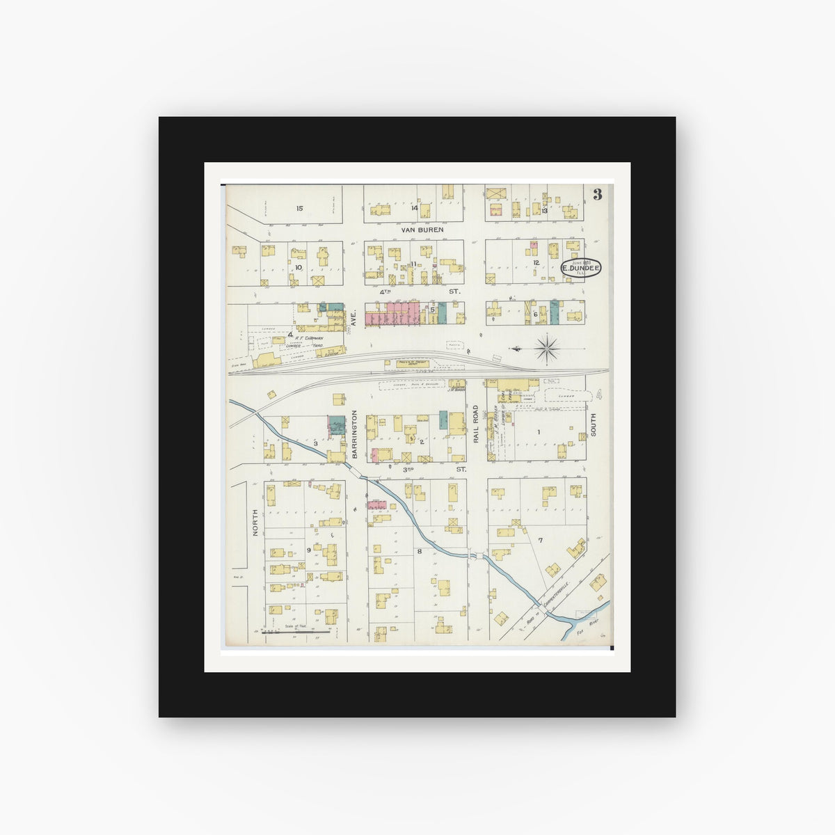 Old map wall art mockup — black gallery frame with white mat — Sanborn Fire Insurance Map from Dundee, Kane County, Illinois (1893), Sheet #0003