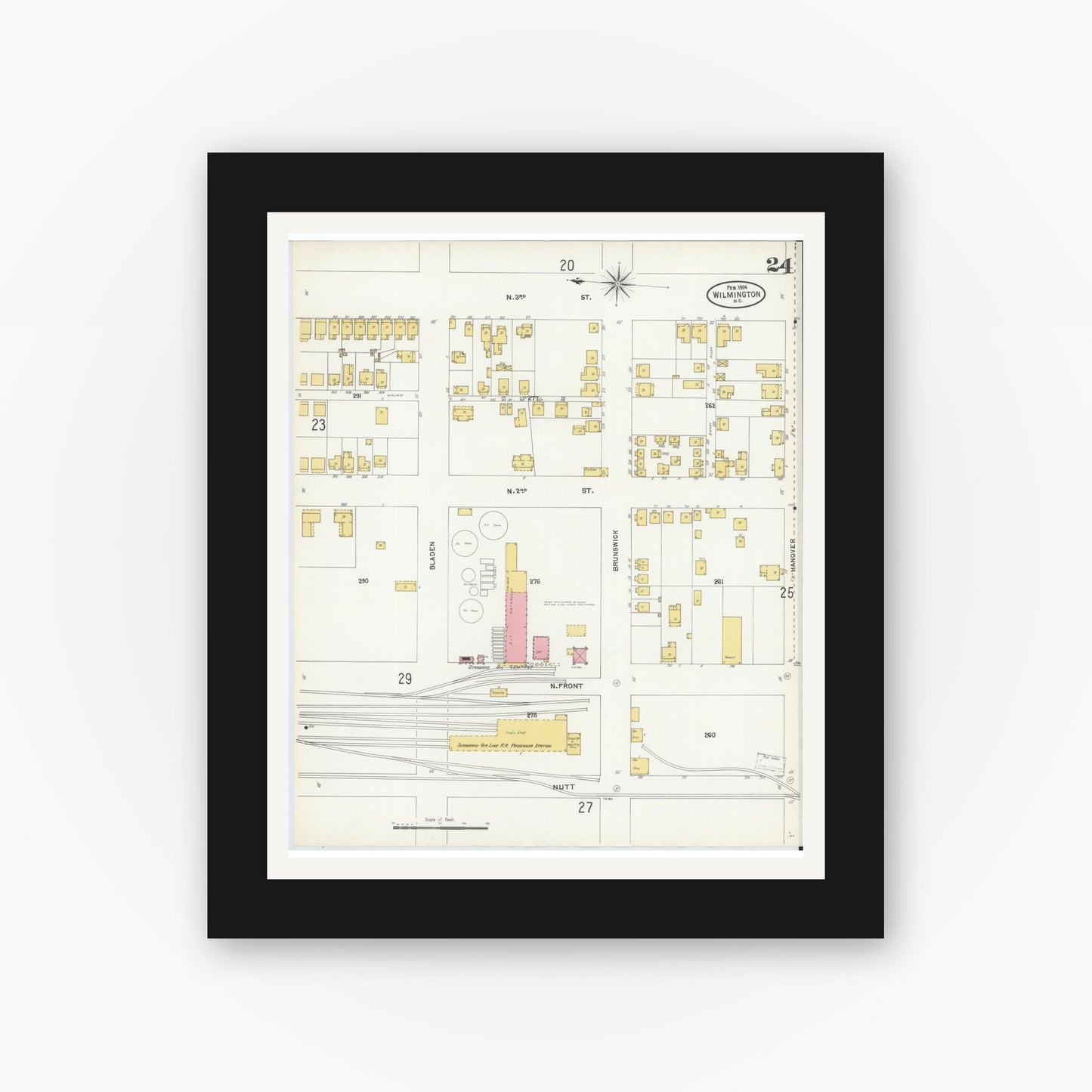 Old map wall art mockup — black gallery frame with white mat — Sanborn Fire Insurance Map from Wilmington, New Hanover County, North Carolina (1904), Sheet #0024