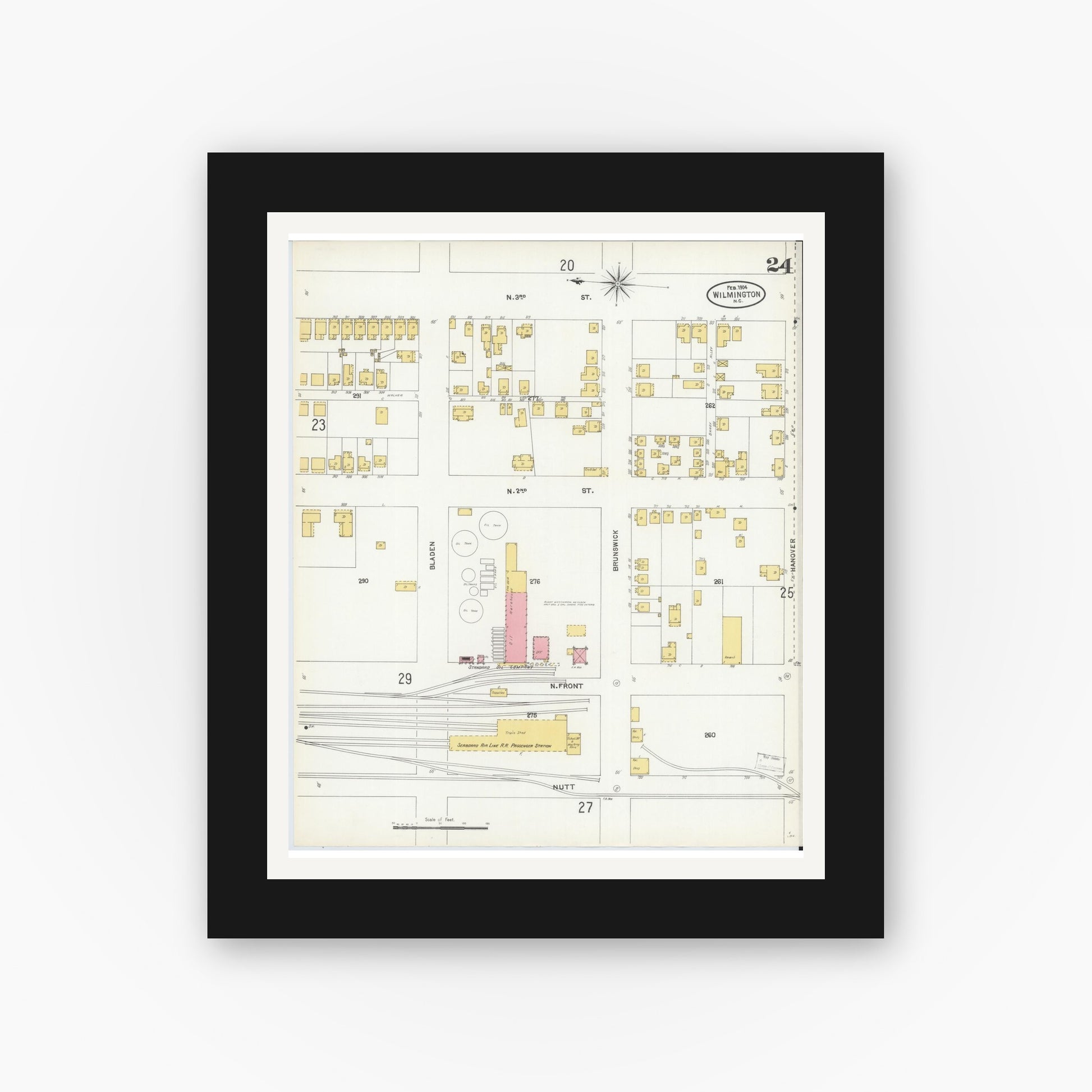 Old map wall art mockup — black gallery frame with white mat — Sanborn Fire Insurance Map from Wilmington, New Hanover County, North Carolina (1904), Sheet #0024