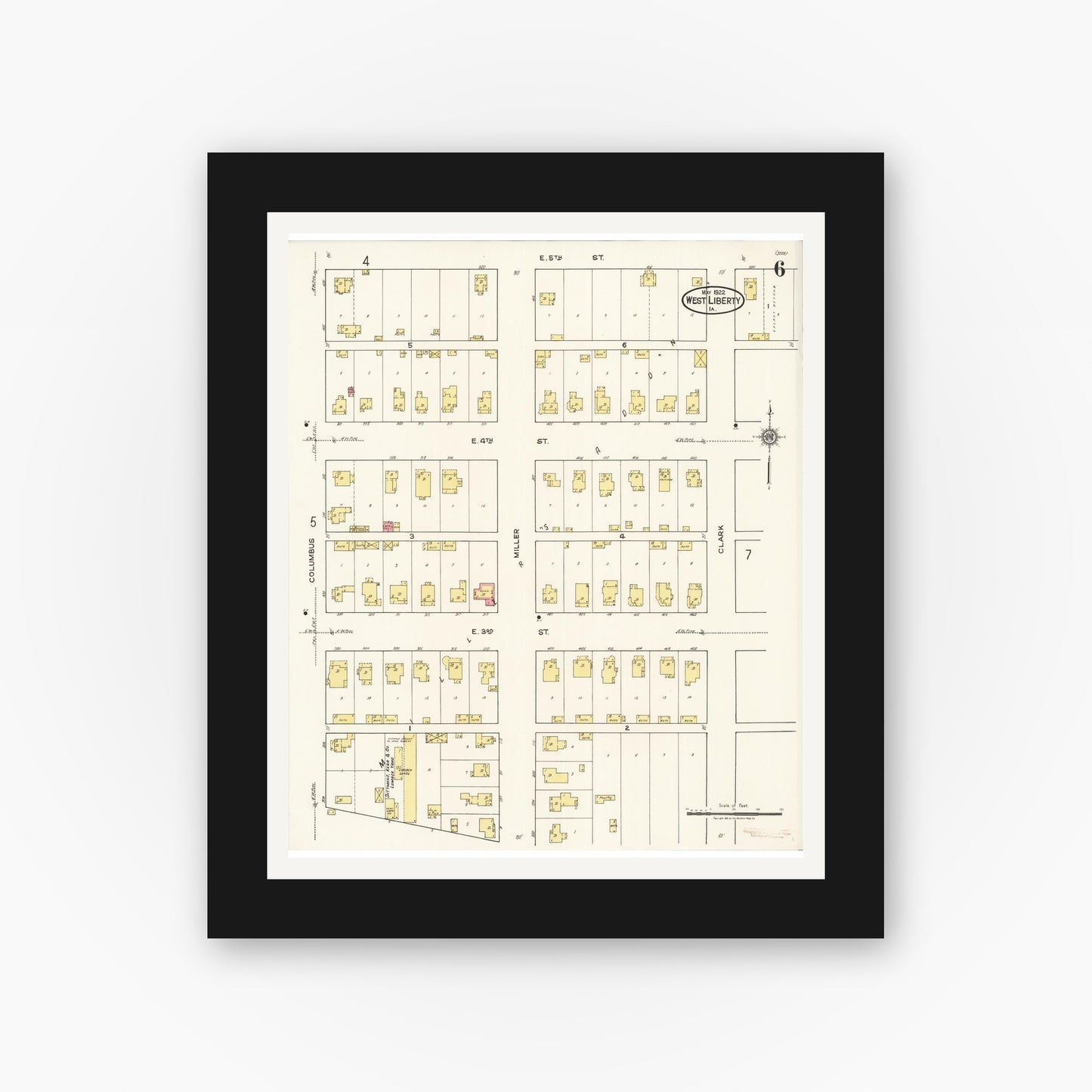 Old map wall art mockup — black gallery frame with white mat — Sanborn Fire Insurance Map from West Liberty, Muscatine County, Iowa (1922), Sheet #0006