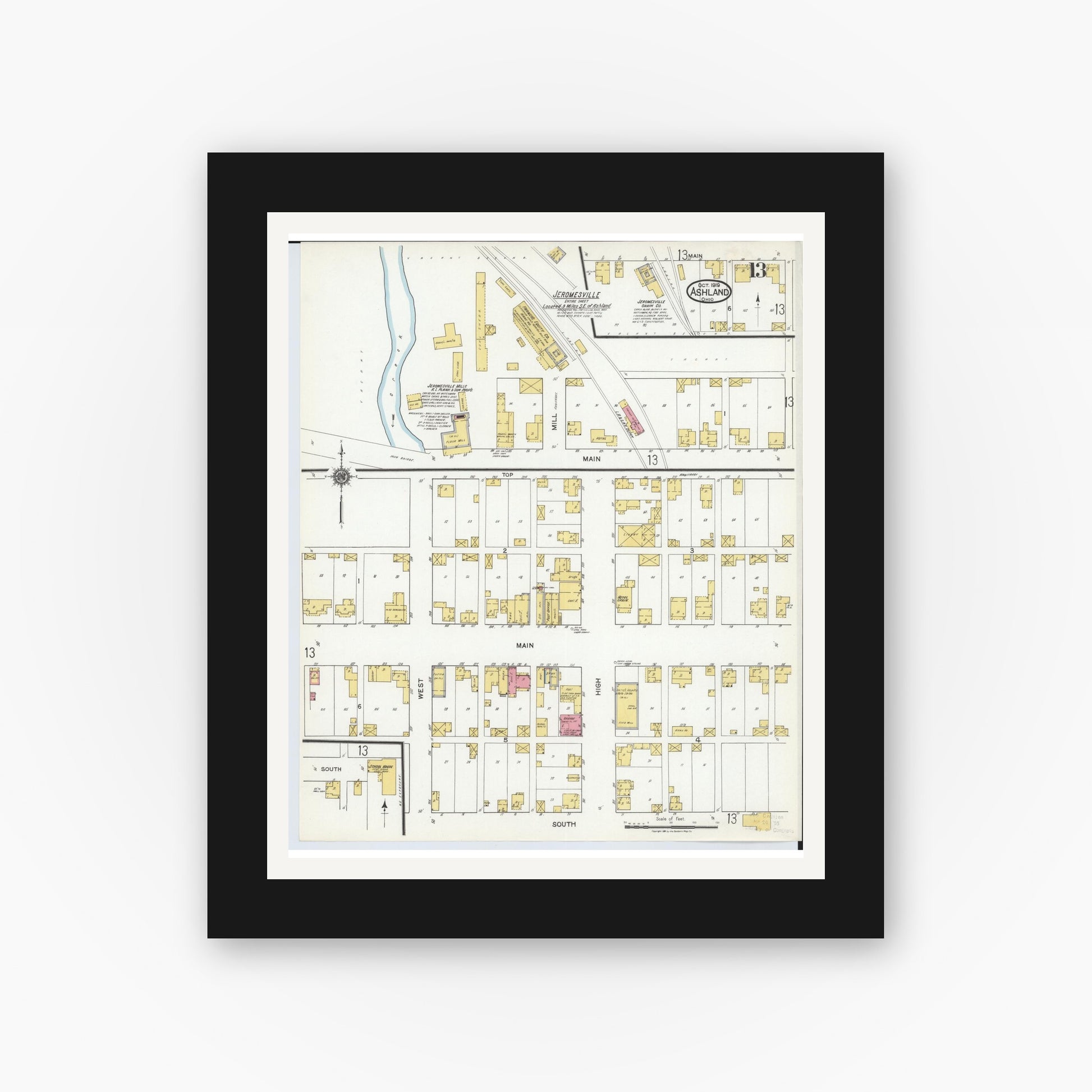 Old map wall art mockup — black gallery frame with white mat — Sanborn Fire Insurance Map from Ashland, Ashland County, Ohio (1919), Sheet #0013
